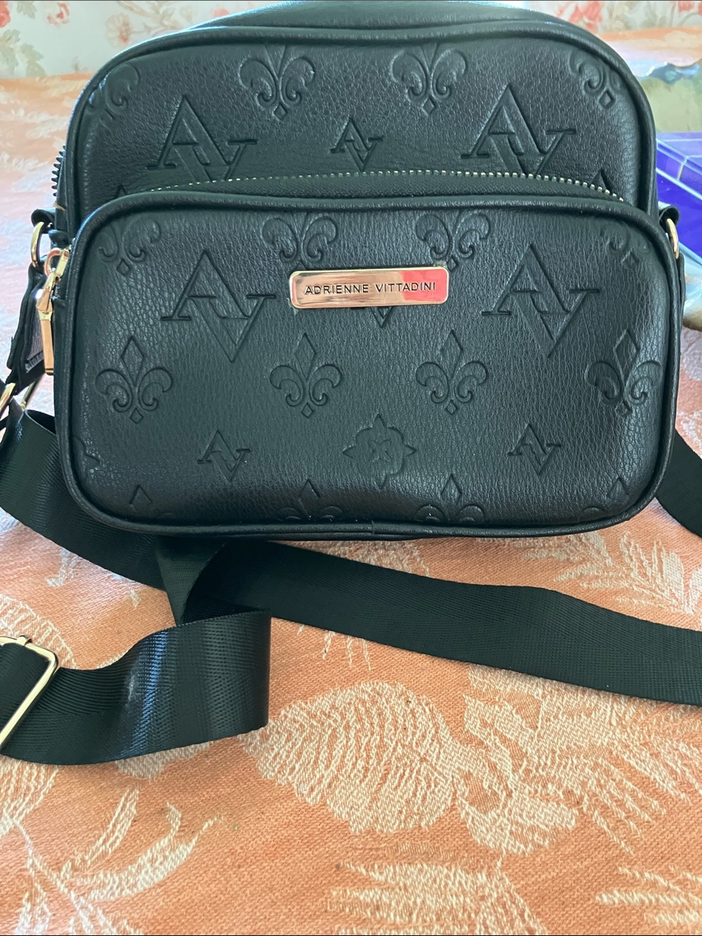 Adrienne Vittadini Black Embossed Leather Crossbody with Gold Plate